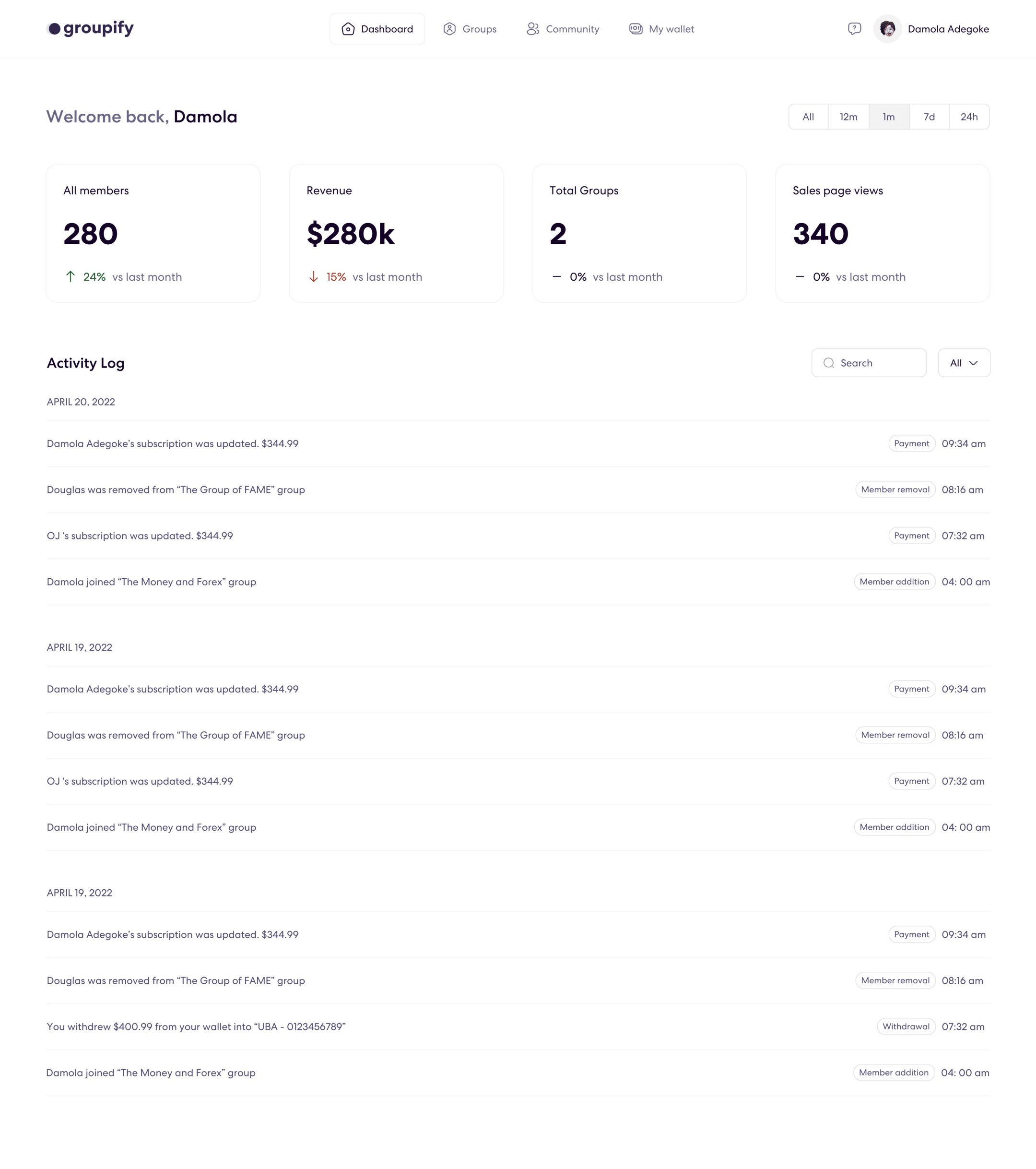 Groupify dashboard