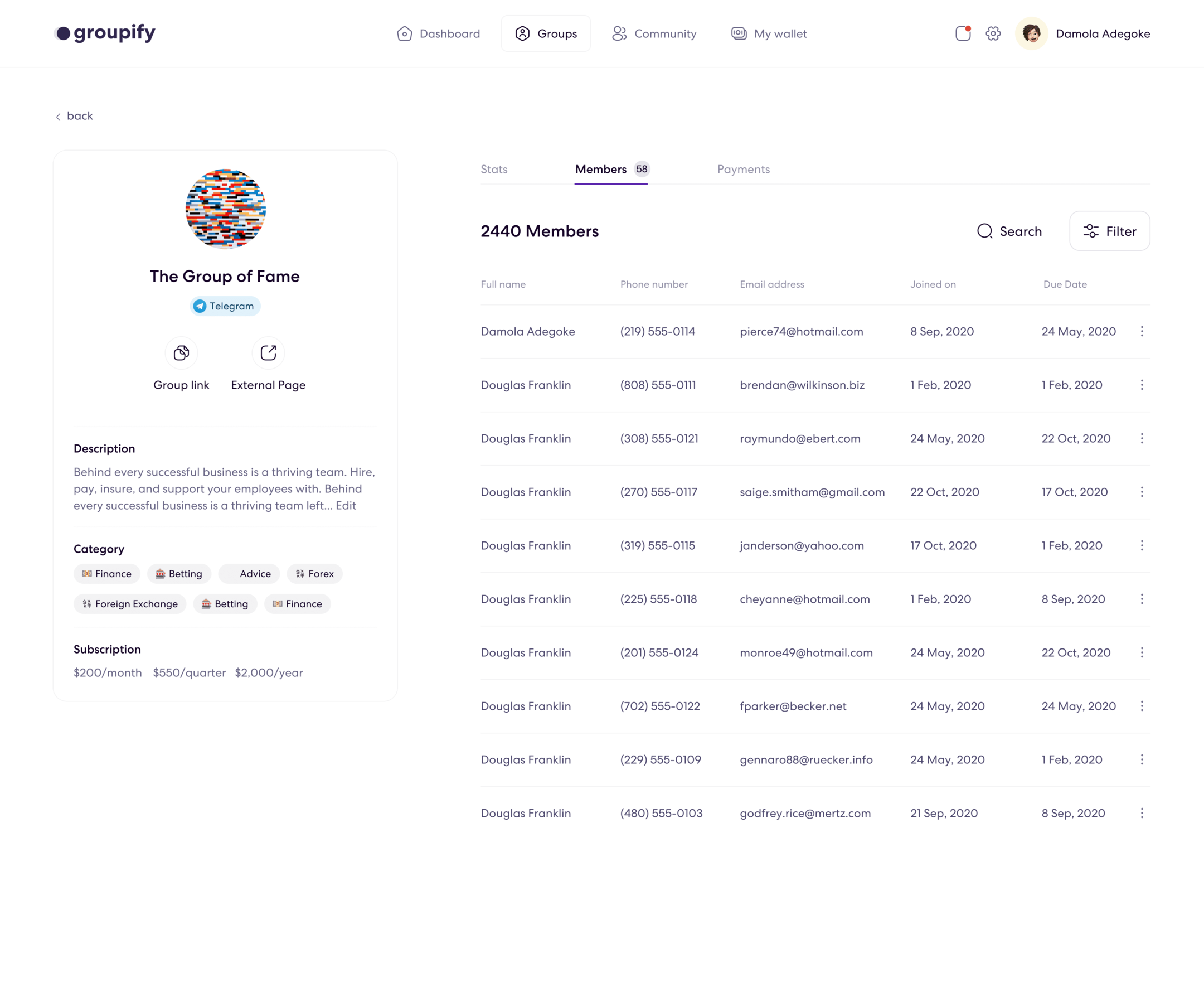 Groupify dashboard